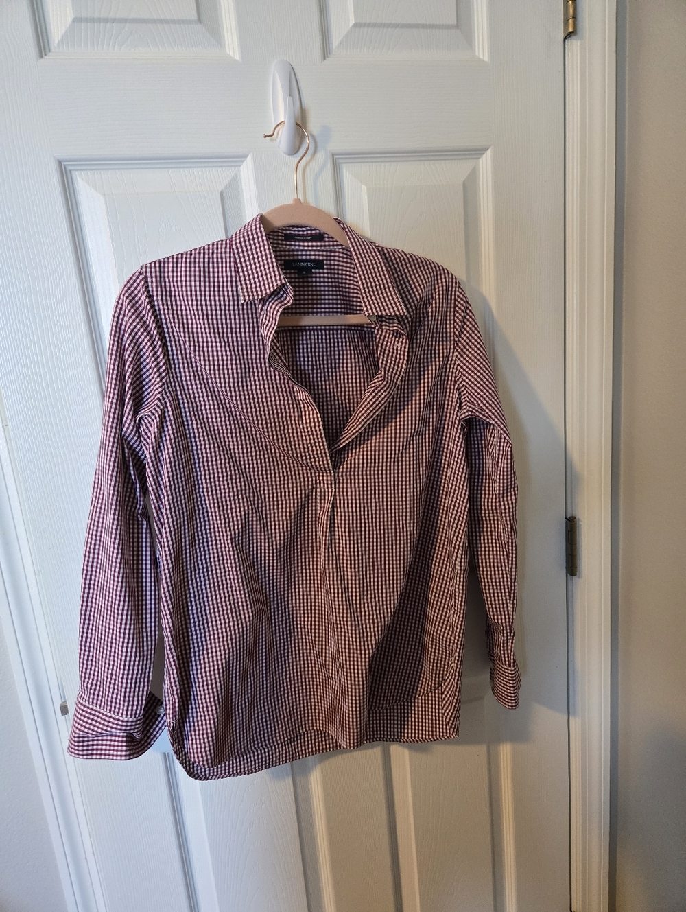Landsend No Iron 6 Half Button-Down Gingham Shirt in Burgundy and White
